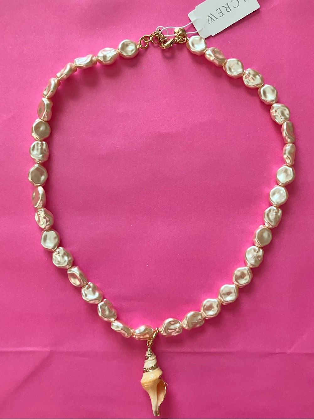 NWT J Crew Cream Pearl Bead Necklace with Gold-Accented Shell Pendant